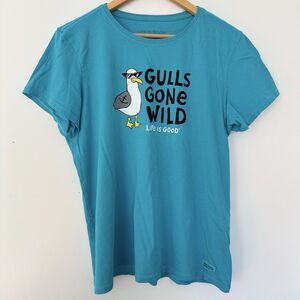 Life Is Good Womens XL Teal Seagulls Gulls Gone Wild Crusher Tee Tshirt Cotton